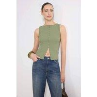 WOVCOR Women's Button Detail Sleeveless Ribbed Knit Fitted Top in Khaki | Size: Large