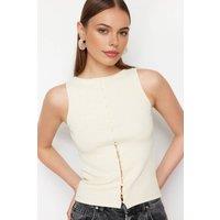 WOVCOR Women's Button Detail Sleeveless Ribbed Knit Fitted Top in Stone | Size: Small