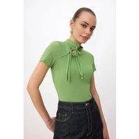 WOVCOR Women's High Neck Tie Detail Fitted Blouse in Green | Size: XS