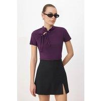 WOVCOR Women's High Neck Tie Detail Fitted Blouse in Plum | Size: Medium