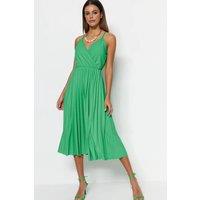 WOVCOR Women's Printed Wrap V-Neck Adjustable Straps Pleated Midi Dress in Green | Size: 2XS