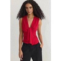 WOVCOR Women's Sleeveless Drape Detail V Neck Knitted Blouse in Red | Size: 6