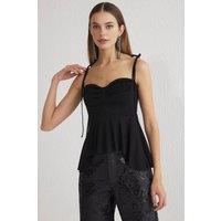 WOVCOR Women's Ruched Sweetheart Neck Peplum Knitted Blouse in Black | Size: 8