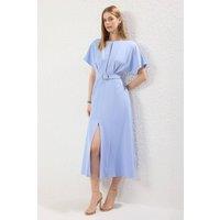 WOVCOR Women's Belt Detail Flutter Sleeve Midi A-Line Dress in Light Blue | Size: 6