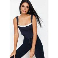 WOVCOR Women's Lace Trim Strappy Denim Crop Bustier Top in Dark Blue | Size: XS