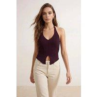 WOVCOR Women's Ribbed Halterneck Knitted Top with V-Neck Detail in Plum | Size: Small