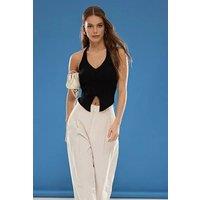 WOVCOR Women's Ribbed Halterneck Knitted Top with V-Neck Detail in Black | Size: Large