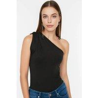 WOVCOR Women's One Shoulder Draped Knitted Bodysuit in Black | Size: Small