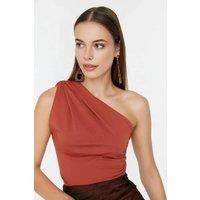 WOVCOR Women's One Shoulder Draped Knitted Bodysuit in Terracotta | Size: Small
