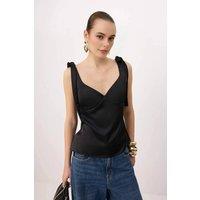 WOVCOR Women's Tie Strap Sweetheart Neck Satin Woven Blouse in Black | Size: 10