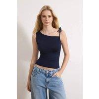 WOVCOR Women's Asymmetrical Tie Shoulder Stretch Knit Top in Navy | Size: Small