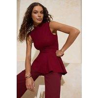 WOVCOR Women's Structured Asymmetric Peplum Woven Blouse in Burgundy | Size: 14