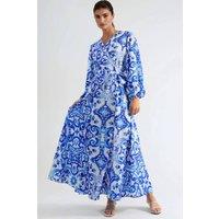 MSN Collection Women's Printed V-Neck Maxi Dress with Long Sleeves in Baby Blue | Size: Small