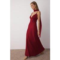HOXTON GAL Women's Satin Maxi Evening Dress with Spaghetti Straps & Shawl Detail in Red | Size: 12