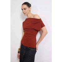 WOVCOR Women's Draped Bardot Neck Ruched Detail Sleeveless Top in Terracotta | Size: XL