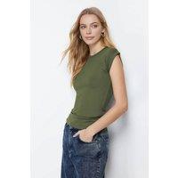 WOVCOR Women's Minimal Fitted Cap Sleeve Crew Neck Everyday Top in Khaki | Size: Large