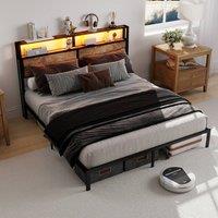 STILVORA 4ft6 Double Bed Frame with LED & Storage Headboard in Black