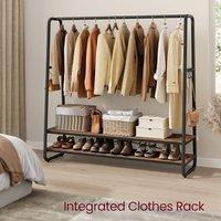 VASAGLE Bedroom Garment Rack Shelves Steel Rail Hooks Wardrobe Storage in Brown