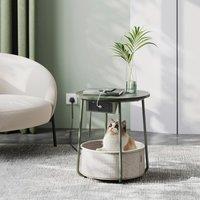 VASAGLE Round Side Table Charging Station Power Outlets USB Fabric Basket in Dark Olive