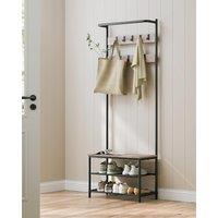 VASAGLE Coat Stand with Shoe Bench Top Bar & Movable Hooks in Light Beige