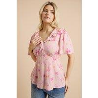 Dorothy Perkins Women's Pink Ditsy Frill Neckline Angel Sleeve Blouse | Size: 12