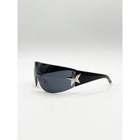 SVNX Women's Wrap Around Racer Sunglasses with Star Hinge Detail in Black in Pink
