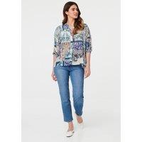 Izabel London Women's Patchwork 1/2 Sleeve Button Detail Shirt in Blue | Size: 14