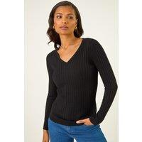 Roman Women's V-Neck Ribbed Knit Jumper in Black | Size: 12