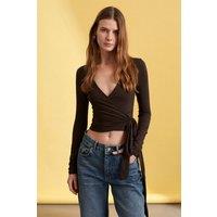 Dilvin Women's Women's Crop Wrap Blouse With Tie Detail in Chocolate | Size: Small