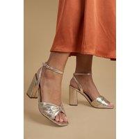 Oasis Women's Midyim Metallic Textile Ruched Front High Heel Block Heel Sandals in Gold | Size: 6