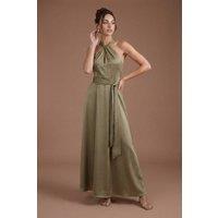 Coast Women's Honoured Petite Twist Halterneck Satin Maxi Bridesmaid Dress in Olive | Size: 10