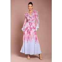 Coast Women's Placement Print Lace Trim Pleated Maxi Dress in Blue | Size: 12