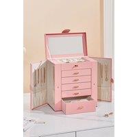 SHEONLY Women's 6-Layer Large Capacity Jewelry Storage Box for Storage & Display with Big Mirror in Pink