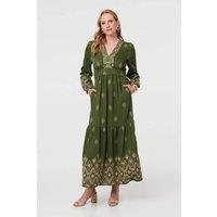 Izabel London Women's Border Print Long Sleeve Maxi Dress in Green | Size: 12