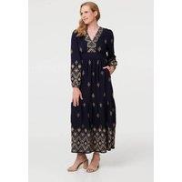 Izabel London Women's Border Print Long Sleeve Maxi Dress in Navy | Size: 14