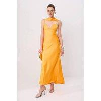 HOXTON GAL Women's Satin Maxi Evening Dress with Spaghetti Straps & Shawl Detail in Orange | Size: 8