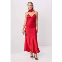 HOXTON GAL Women's Satin Maxi Evening Dress with Spaghetti Straps & Shawl Detail in Light Red | Size: 6