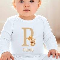 Aye Do Gifts Personalised Golden Teddy Bear Baby Outfit - Baby Grow in White | Size: 6-12 m