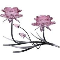 Hestia Pink Glass Rose 2 Stem Candle Holder With 2 Tone Black & Silver Base