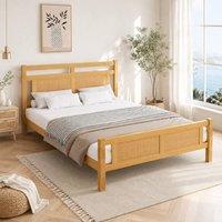 STILVORA 4ft6 Double Wooden Bed Frame with Rattan Detail & Slatted Base, Wood in Natural