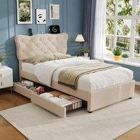 STILVORA 3ft Single Bed Frame with Drawers & USB, Beige Linen