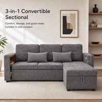 STILVORA Convertible L-Shaped Sofa Bed with Storage & Charging in Grey
