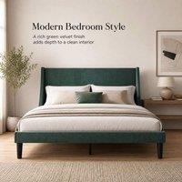 STILVORA 4ft6 Upholstered Bed Frame with Wingback Headboard in Green | Size: Double
