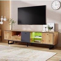 STILVORA TV Stand with LED, Glass Shelves & 3 Doors in Natural