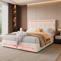 STILVORA 4ft6 Upholstered Bed with Storage & LED in Beige | Size: Double