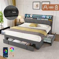 STILVORA Double Upholstered Bed with Storage Drawers, LED & Charging in Grey