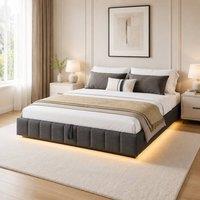 STILVORA Double Bed Frame with Storage & LED in Grey Linen
