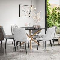 More4Homes Malvern Round Dining Table & Chairs - Black Table Top w Solid Oak Legs + Nova Velvet Dining Chair Set Of 6 in Grey