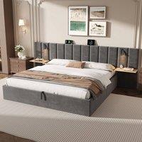 BTM Upholstered Bed with Charging Station Storage & Reading Light in Grey | Size: Super King