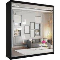 MN Furniture Quru Sliding Wardrobe with Full Mirror, LED Light - W200cm x 217cm in Black | Size: 200 cm x 217 cm